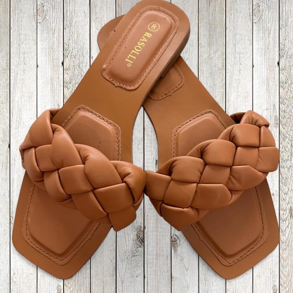 Rasolli Women's Size 8 Cognac Braided Slide Sandals Square Toe Brown
